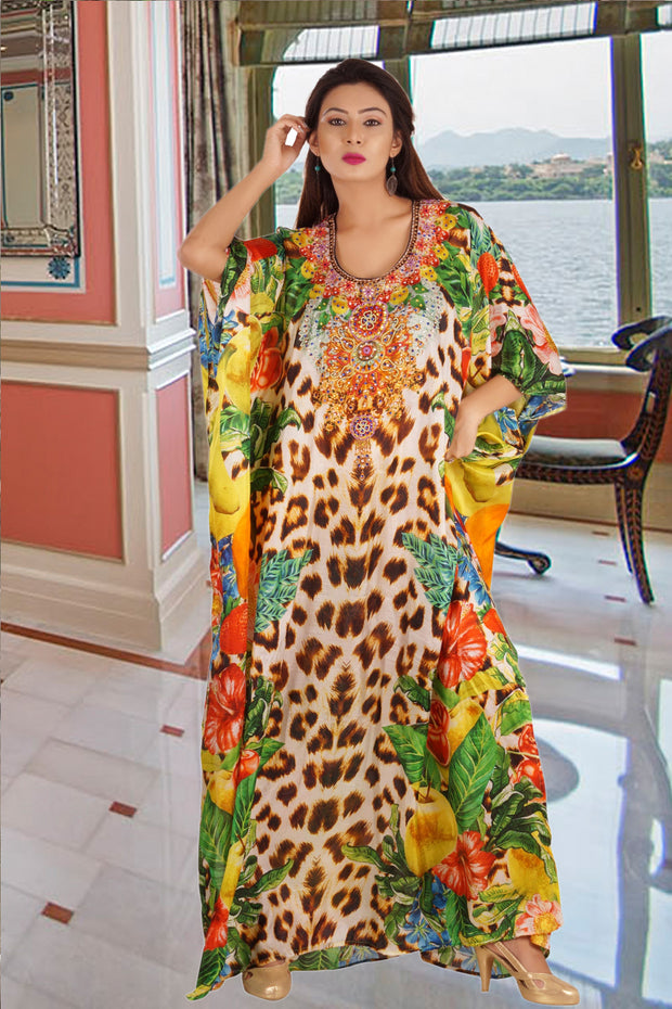 Majestic Blend of Natural Fruits and Flora with Leopard Print on Long Silk Kaftan