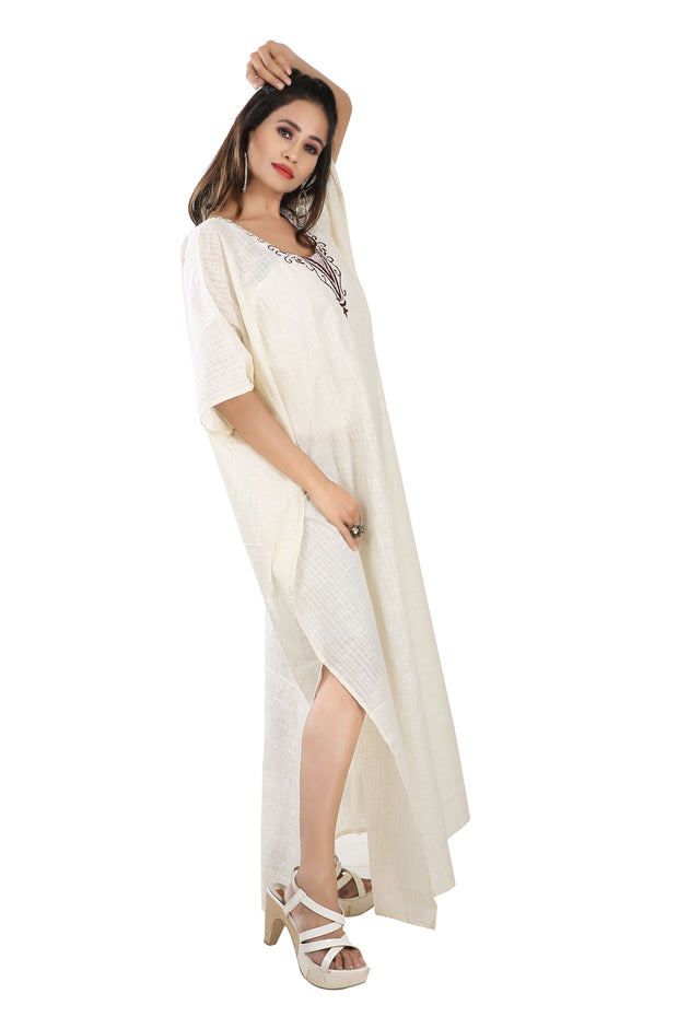 Linen cotton embroidered neckline casual wear Kaftan Dresses