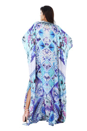 Pungent Blue Orchid Flowers printed Silk Kaftan pooled up with sultry blue lilies