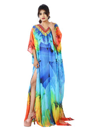 Maccaw Feathers on Maxi Long Silk Kaftan with dazzling ornamental hand craft