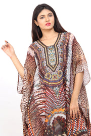Stand Stronger put on Bohemian Print Silk Kaftan Dress with stylish embellishment