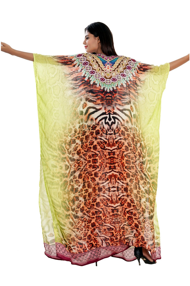 Imaginative Tiger Skin Print with Necklace design embellished Maxi Silk Kaftans