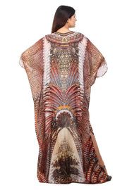 Stand Stronger put on Bohemian Print Silk Kaftan Dress with stylish embellishment
