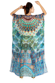 Long Silk Kaftan in Aqua Colours and Geometric patterns Plus size clothing Luxe beach kaftan