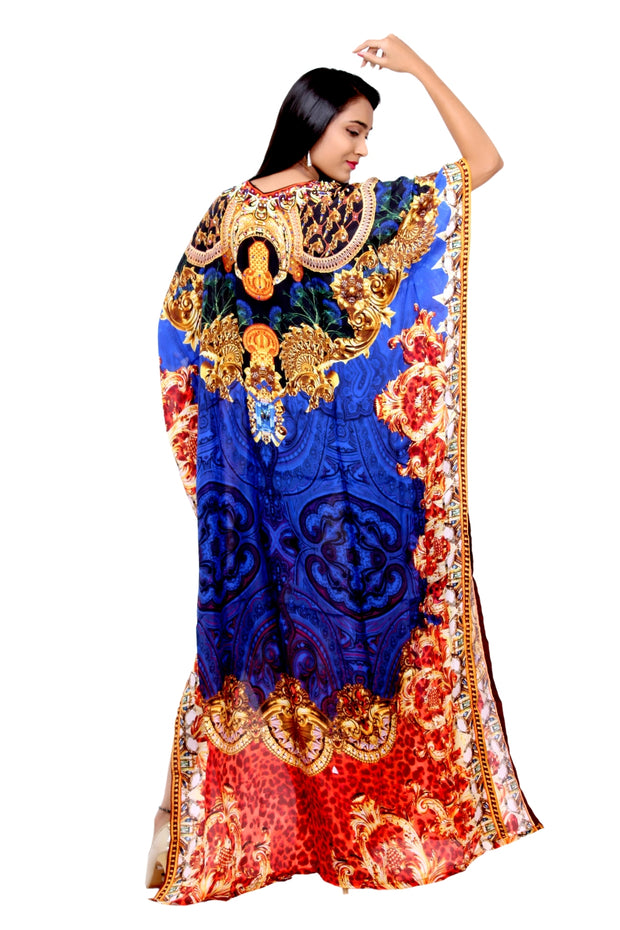 Royal Queen cover up ladies classic silk kaftan night party gown with attractive baroque print in V-neck