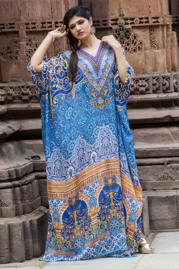 Porcelain Printed Conventional look Full Length Silk Kaftan Wedding Style Luxe beach kaftan