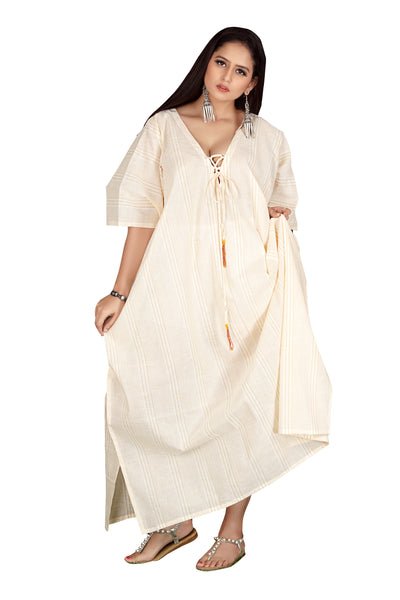 Women's Long Striped lace up Stylish linen cotton kaftan lightweight Soft cotton kaftan online