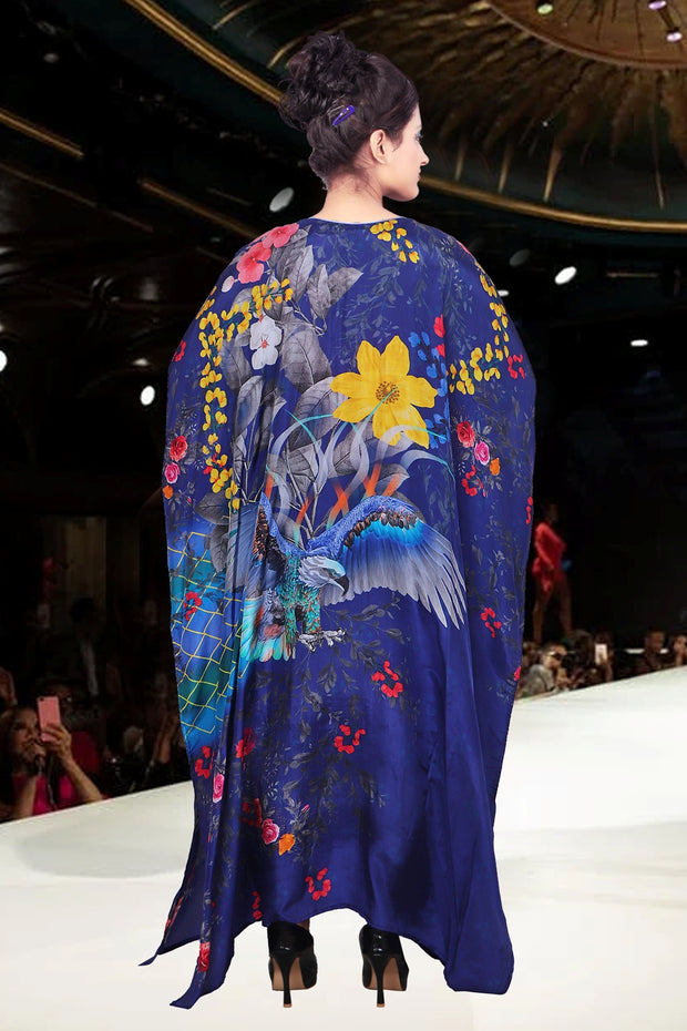 Feathery Print amazing long kaftan for short women silk dress