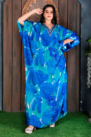 Lovely Blue Rosy Silk Kaftan with elegant roses and V Neck Patterned Sequences