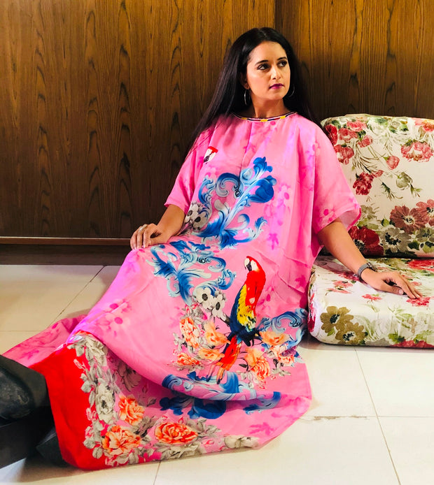 Silk caftan beach dress kaftan pink colored bird print caftan evening dresses