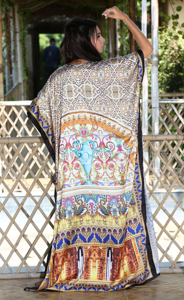 Vintage Style Long Silk Kaftan Dress With Mixed Prints luxury resort wear kaftan for women