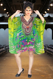 Green Camouflage Print Silk short Kaftan Dress silk caftan tunic silk dress