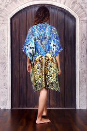Fusion of Animal and Porcelain print Silk Party Wear Kaftan kimono silk robe