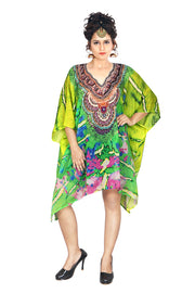 Green Camouflage Print Silk short Kaftan Dress silk caftan tunic silk dress