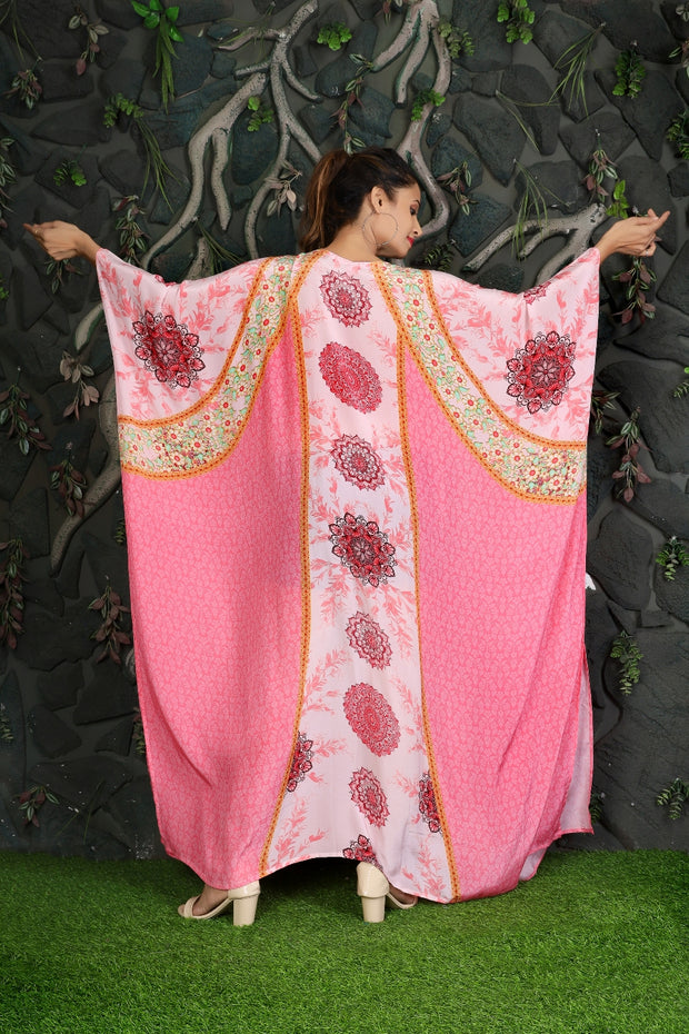 Graceful Full length pink colored floral print Evening Silk Kaftan