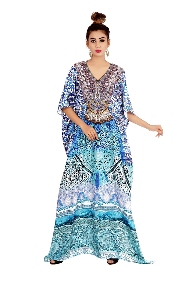 Feel the Seashore with enthusiastic Tropical Paradise printed Silk full Lengh Kaftan dress