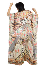 Animal tiger print and floral print with amazing Round neck silk kaftan