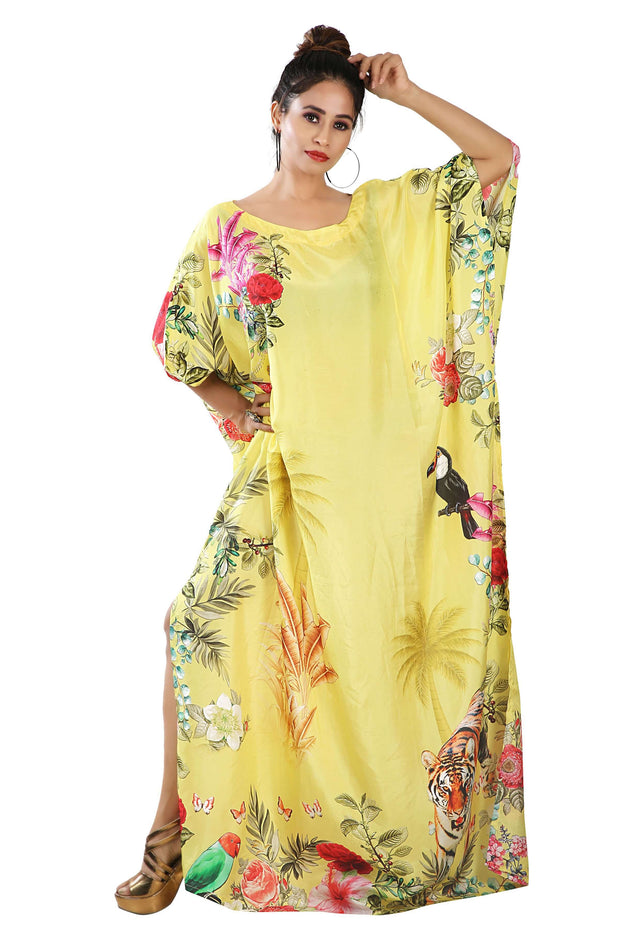 Boat neck Yellow color floral and Animal Print kaftan long silk dress
