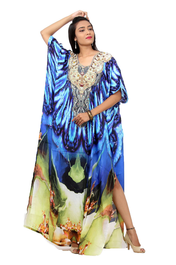 Beautiful Silk Blue kaftan Floral Print dress plus size long kaftans Silk kaftan
