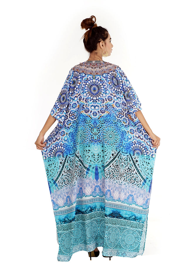 Feel the Seashore with enthusiastic Tropical Paradise printed Silk full Lengh Kaftan dress