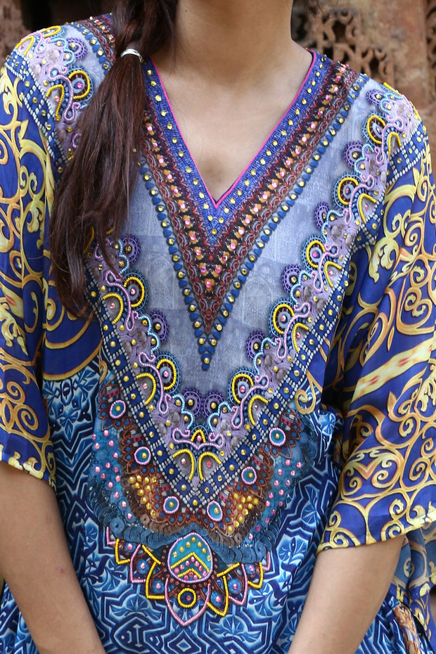 Porcelain Printed Conventional look Full Length Silk Kaftan Wedding Style Luxe beach kaftan