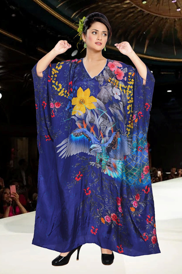 Feathery Print amazing long kaftan for short women silk dress