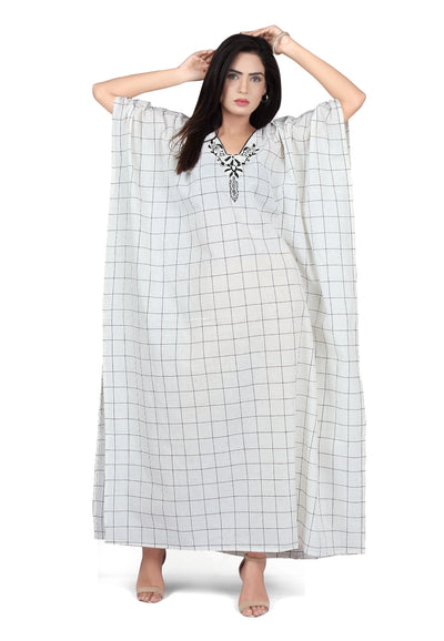 Embroidered neckline Linen cotton kaftan regular wear Dresses for Women