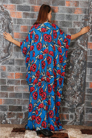Beach Style Loose Fits Blue Silk Kaftans Contemporary Floral Print