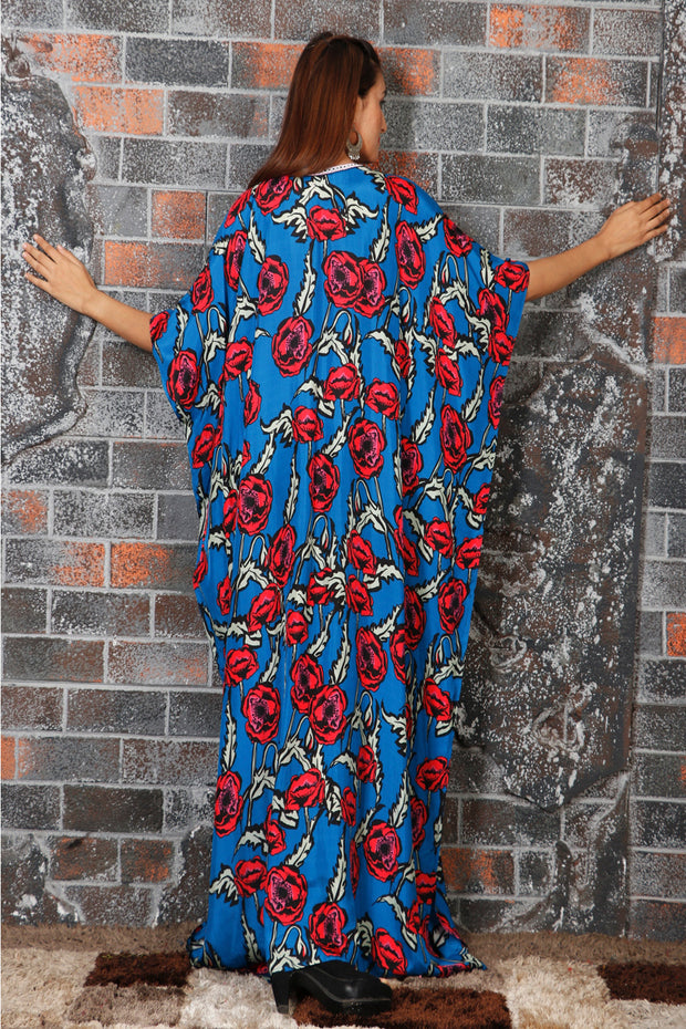Beach Style Loose Fits Blue Silk Kaftans Contemporary Floral Print