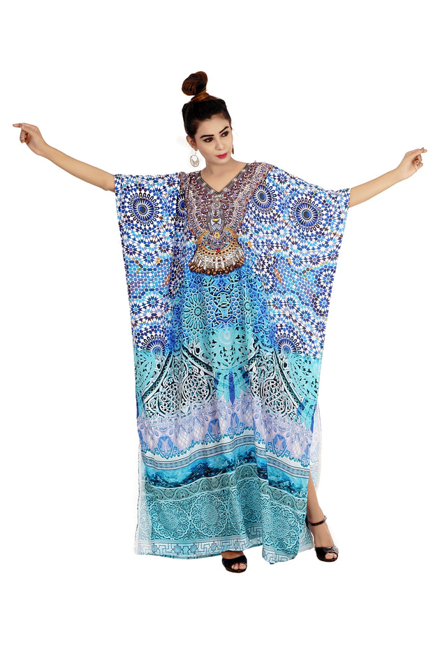 Feel the Seashore with enthusiastic Tropical Paradise printed Silk full Lengh Kaftan dress