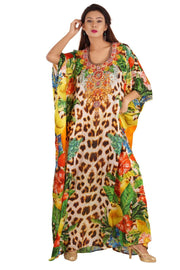 Majestic Blend of Natural Fruits and Flora with Leopard Print on Long Silk Kaftan