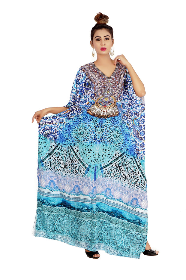Feel the Seashore with enthusiastic Tropical Paradise printed Silk full Lengh Kaftan dress