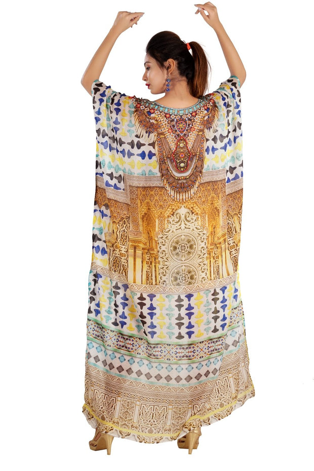 Party Wear Round Neck Maxi Long trivial Silk Kaftan Geometric print Love to drape in for Party lovers