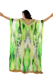 Sensational Green Safari Print Silk Kaftan Designer Wear to sport on Resort or Beach