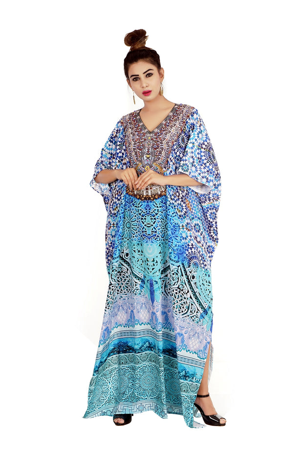 Feel the Seashore with enthusiastic Tropical Paradise printed Silk full Lengh Kaftan dress