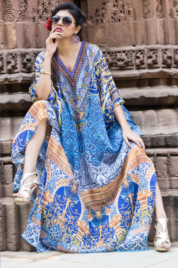 Porcelain Printed Conventional look Full Length Silk Kaftan Wedding Style Luxe beach kaftan