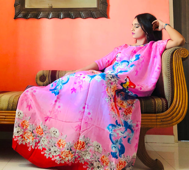 Silk caftan beach dress kaftan pink colored bird print caftan evening dresses