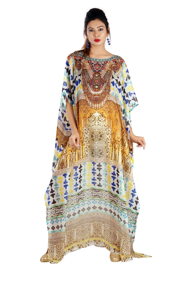 Party Wear Round Neck Maxi Long trivial Silk Kaftan Geometric print Love to drape in for Party lovers - Silk kaftan