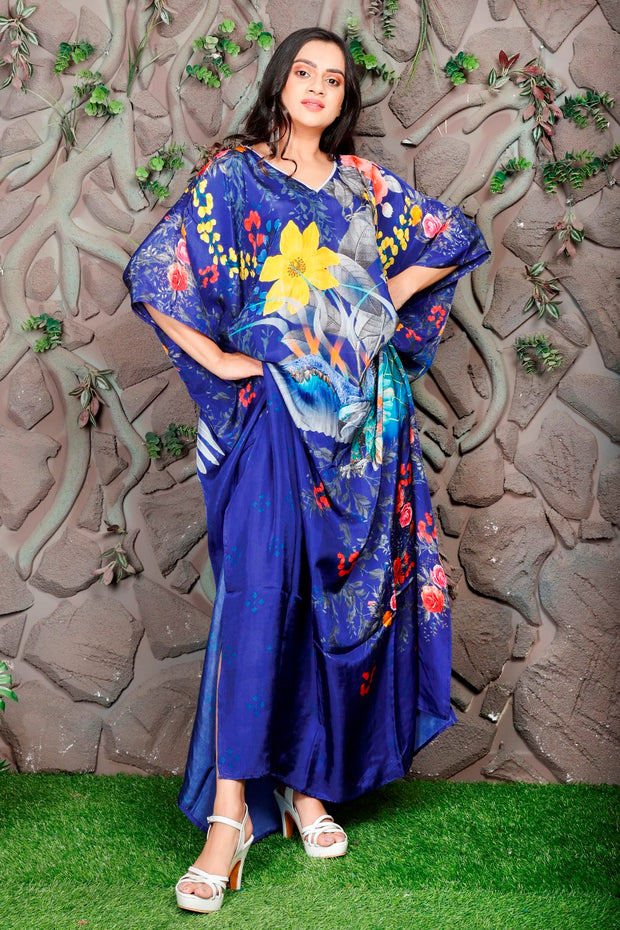 Impressive Feathery Print Southern Twilight Kaftan embellished silk kaftan