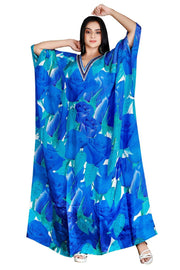 Lovely Blue Rosy Silk Kaftan with elegant roses and V Neck Patterned Sequences