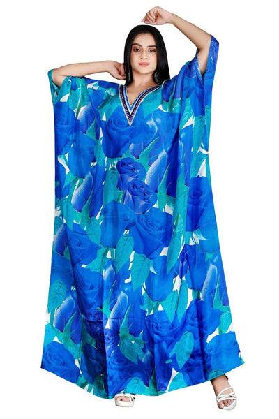 Lovely Blue Rosy Silk Kaftan with elegant roses and V Neck Patterned Sequences