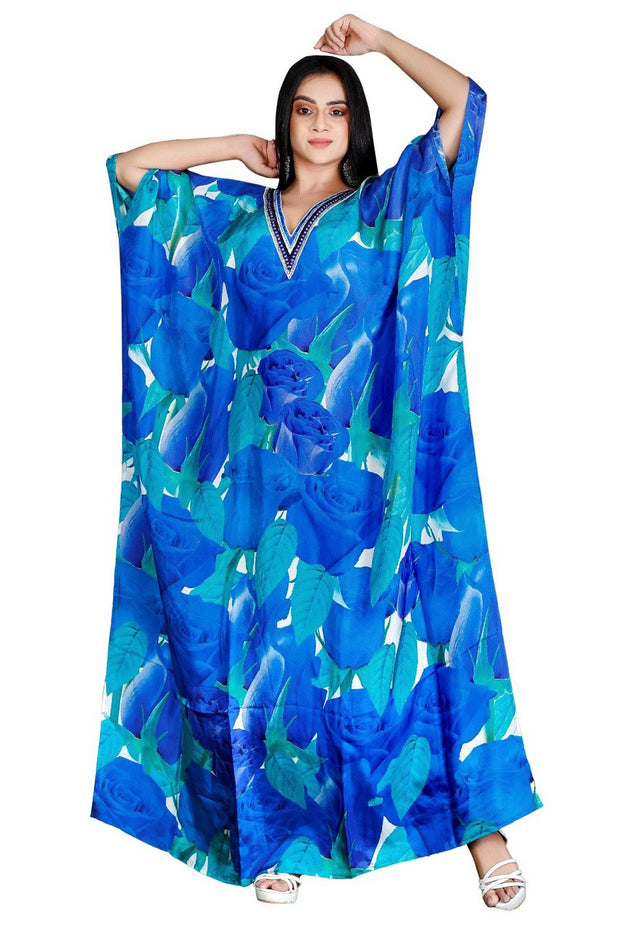 Lovely Blue Rosy Silk Kaftan with elegant roses and V Neck Patterned Sequences