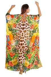 Majestic Blend of Natural Fruits and Flora with Leopard Print on Long Silk Kaftan