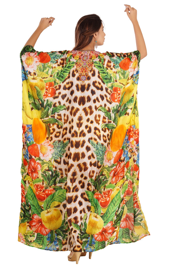 Majestic Blend of Natural Fruits and Flora with Leopard Print on Long Silk Kaftan