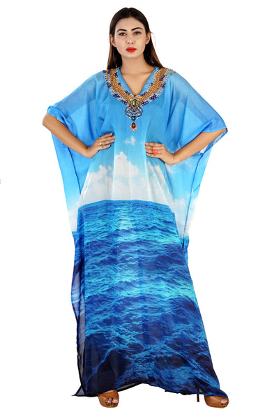 vacation beach outfits silk kaftan embroidered with necklace work and a happening seashore print unique design
