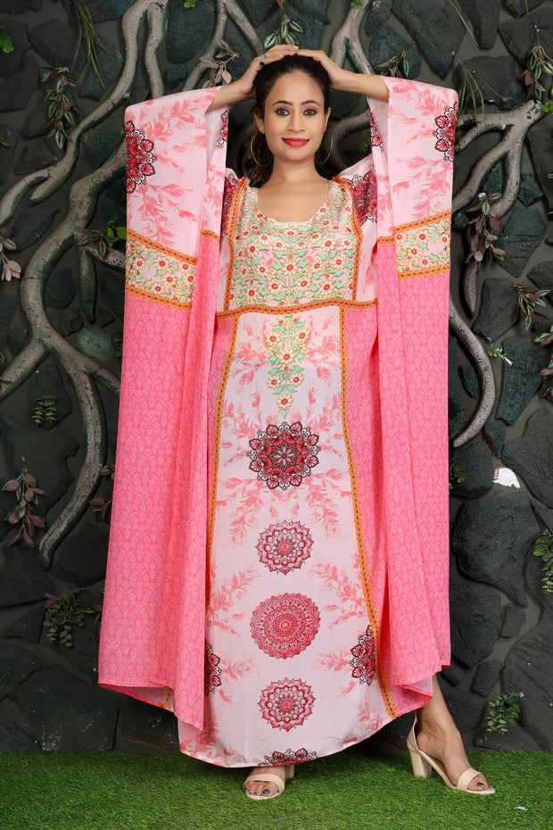 Graceful Full length pink colored floral print Evening Silk Kaftan