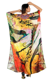 Exotic Tree Printed Maxi long Silk Kaftan with Necklace jewelry print