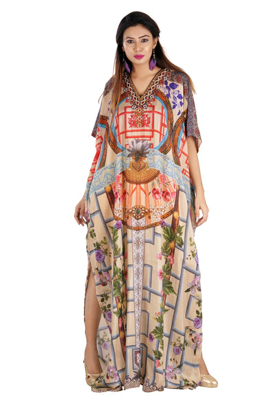 Custom Party Flora Print pool party Silk Kaftan with Contemporary look and beaded V Neck - Silk kaftan
