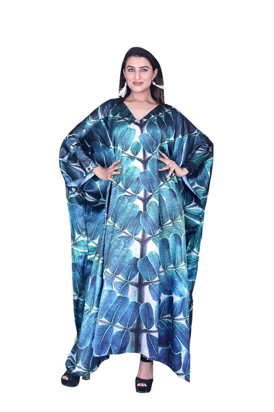 Leafy print silk kaftan resort wear for women full length caftan dress