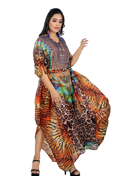Animal Print belted Silk Caftan Womens Silk Kaftan Beach Long Kaftans
